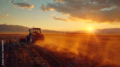 Fresh view of a tractor plowing a field at sunset photo
