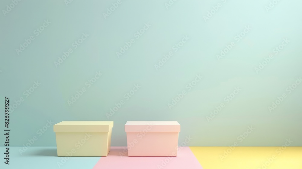A colorful box with a pink bow on top sits on a pink and blue background A colorful box with a pink bow on top sits on a pink and blue background