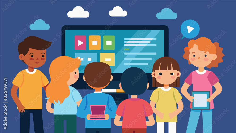 A group of kids turned amateur movie critics watching and analyzing the multimedia elements such as videos animations and sound effects used in the. Vector illustration A group of kids turned amateur movie critics watching and analyzing the multimedia elements such as videos animations and sound effects used in the. Vector illustration