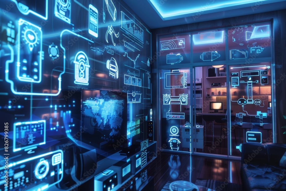 A digital rendering of a smart home interior, with glowing random holographic icons representing various connected devices and appliances A digital rendering of a smart home interior, with glowing random holographic icons representing various connected devices and appliances