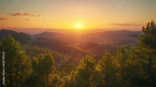 Fresh view of a sunset over a forested landscape with a clear sky