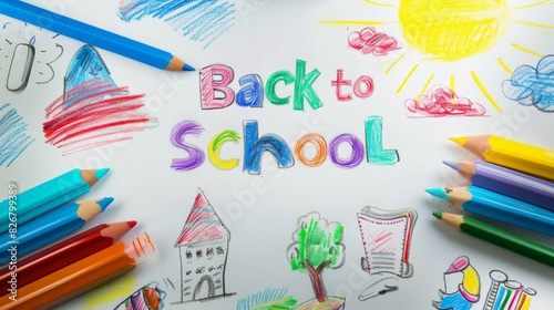 Children's drawing "Back to School" with colored chalk on white paper