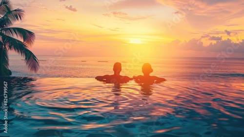 couple enjoying sunset from infinity pool at tropical island resort hotel. romantic beach getaway holiday. banner with copy space