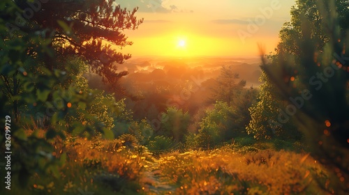 Fresh view of a sunset over a forested landscape