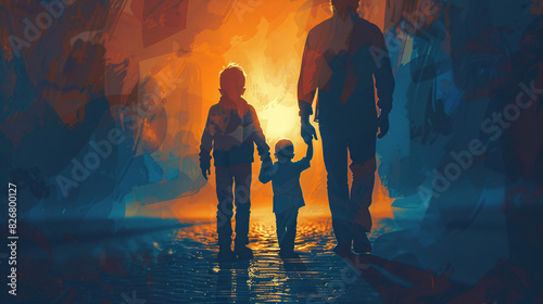 Child holding hands with one parent while the other parent stands apart, symbolizing the effect of parental separation on children.