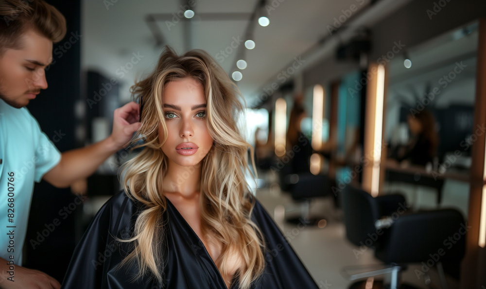 woman get hair styled by a professional hairstylist in a salon woman get hair styled by a professional hairstylist in a salon