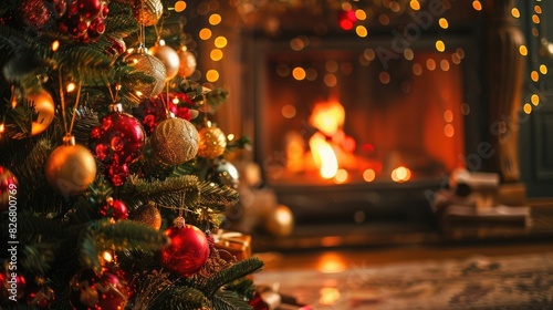 decorated christmas tree on burning fireplace background.