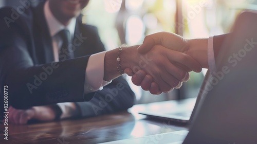 Smiling businessman shaking client hand closing successful deal sitting at table with laptop in office satisfied hr manager hiring new employee business partners handshaking at meeting : Generative AI photo