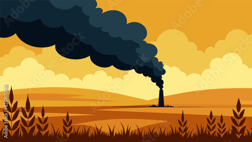 The thick black smoke rising from the flaring gas casts a dark shadow on the otherwise golden fields a harsh reminder of the environmental impact of. Vector illustration