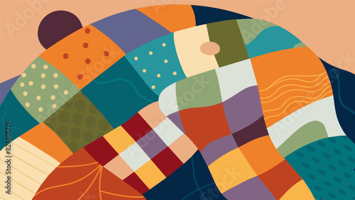 A textile quilt made with different types of fabric inviting individuals to snuggle and feel the different textures while calming their senses.. Vector illustration