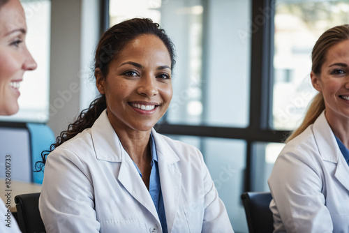 Group portrait of smiling female medical professionals in a hospital. Doctors and nurses in uniform, representing diverse, multiracial team.