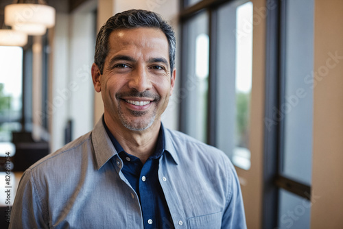 Portrait of a confident, successful Hispanic businessman in an office setting. Mature and professional, with a cheerful smile and positive expression.