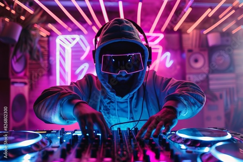 DJ plays music with a neon theme