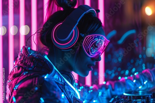 Female DJ in neon glasses and headphones at the DJ console with bright neon lights in the background.