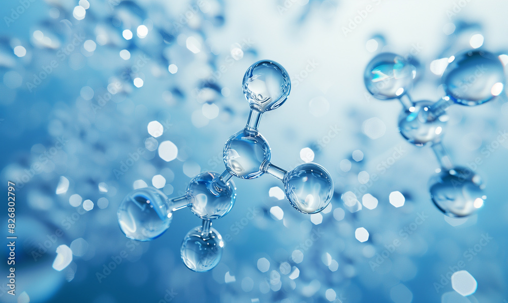 Cosmetic or medicine molecule structure with blue atoms connected by bonds, on blue background. Hyaluronic acid atom structure.