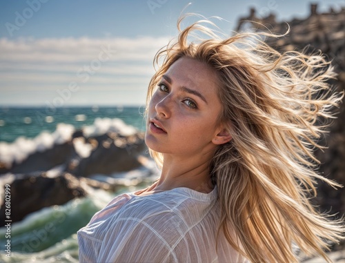 A woman is standing on the beach with hair blowing in the wind