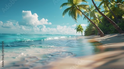 Fresh view of a serene beach with palm trees swaying in the breeze photo