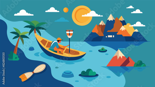 Discover new and remote locations as you kayak through a virtual exploration of uncharted territories filled with hidden treasures and undiscovered. Vector illustration