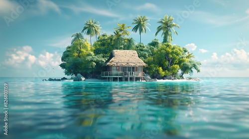 Fresh view of a secluded island with a small hut photo