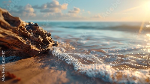 Fresh view of a sandy beach with driftwood photo
