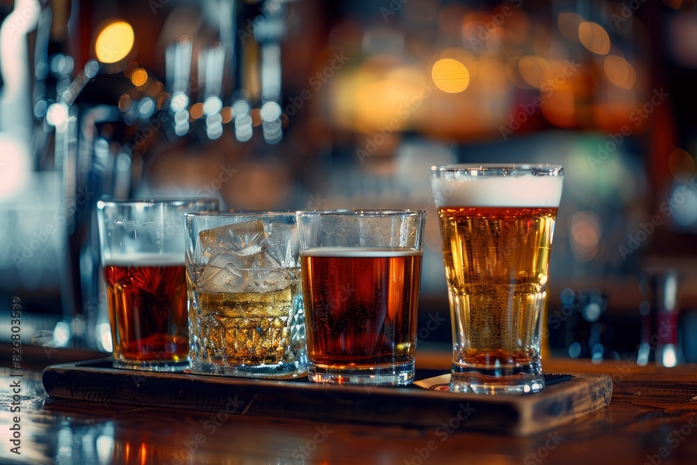 glasses alcohol cocktail set and beer on a waiter tray in bar - generative ai glasses alcohol cocktail set and beer on a waiter tray in bar - generative ai