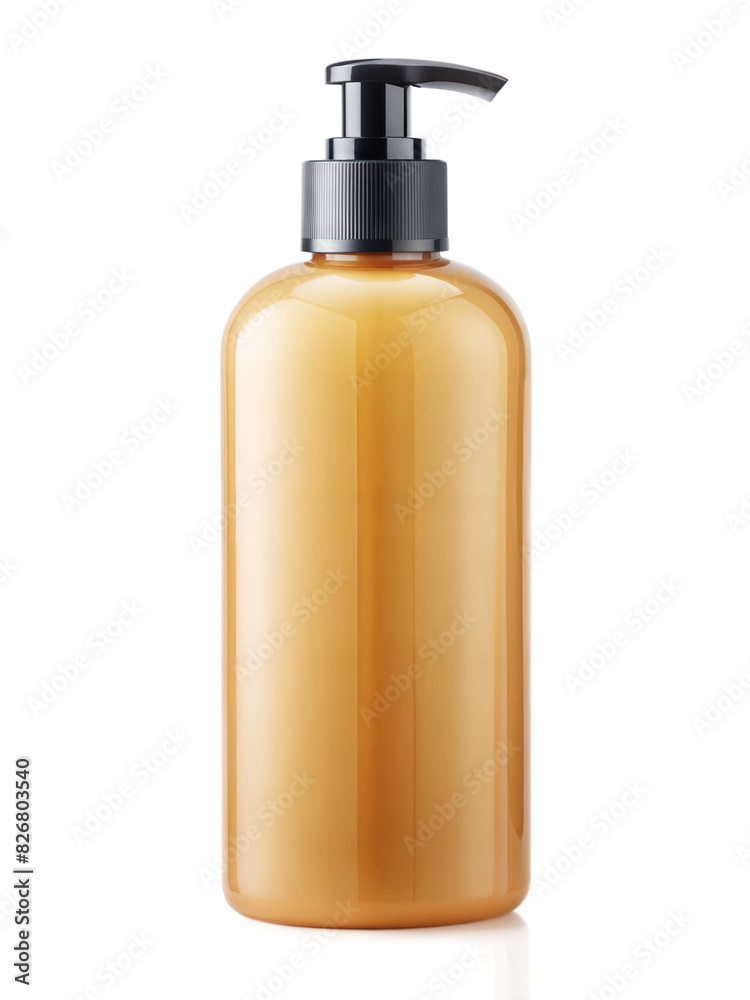 A golden plastic soap dispenser with a black pump sitting against a transparent background A golden plastic soap dispenser with a black pump sitting against a transparent background