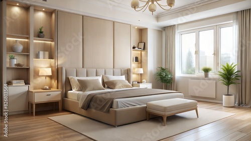 modern bedroom interior in pastel beige tones, view to the right of the bed, 3/4 © Bounpaseuth