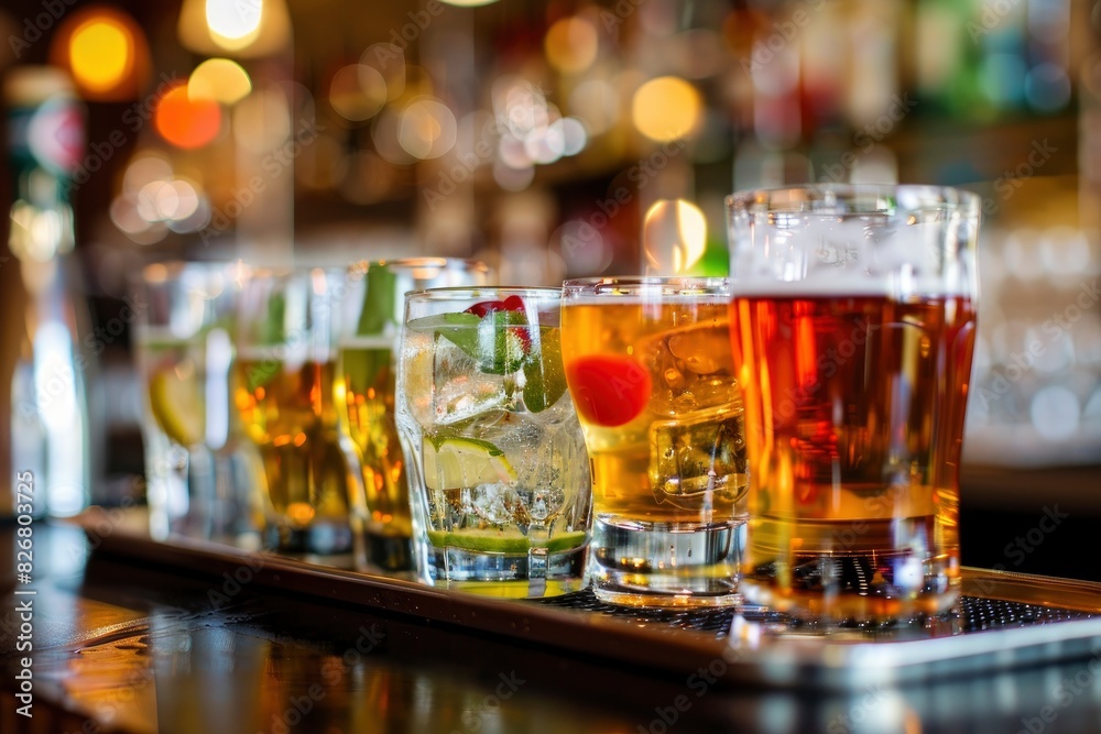 glasses alcohol cocktail set and beer on a waiter tray in bar - generative ai glasses alcohol cocktail set and beer on a waiter tray in bar - generative ai