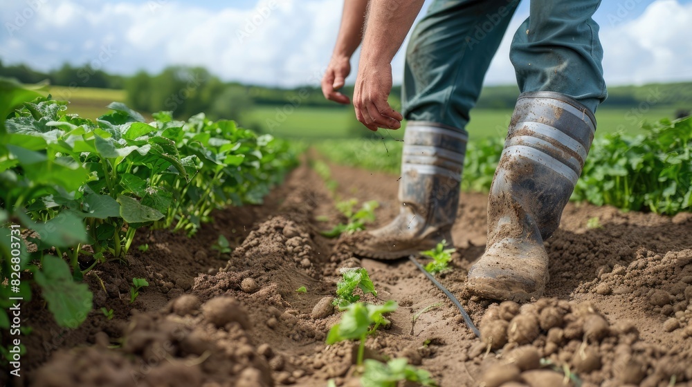 Farmer Inspecting Potato Crop In Field