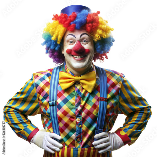 A cheerful clown wearing a colorful outfit and wig smiles widely with hands on hips