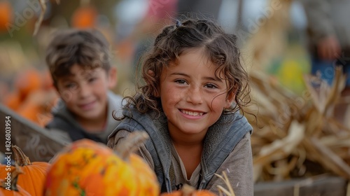 Children enjoying games and activities at a harvest festival, including hayrides, pumpkin painting, and corn mazes, with vibrant fall decorations all around photo