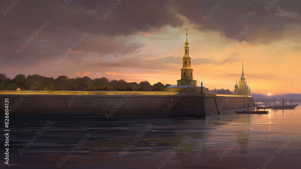 In the heart of Petersburg's White Nights, the Peter and Paul Fortress stands as a symbol of strength and resilience, its walls bathed in the soft glow of twilight, a lone figure stands atop the rampa In the heart of Petersburg's White Nights, the Peter and Paul Fortress stands as a symbol of strength and resilience, its walls bathed in the soft glow of twilight, a lone figure stands atop the rampa