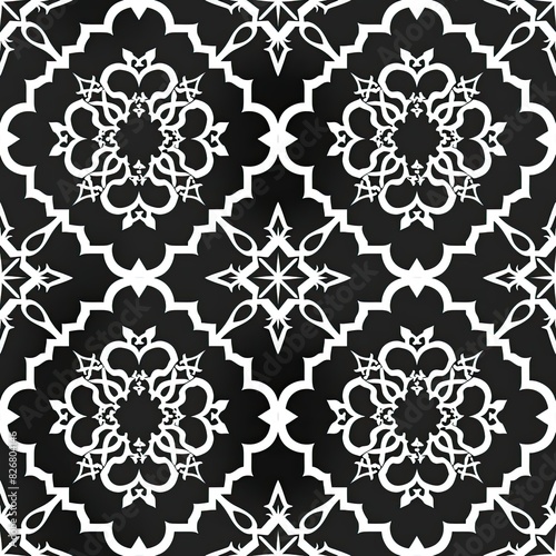 clean edges, thick white line arabic lattice work, solid black background
