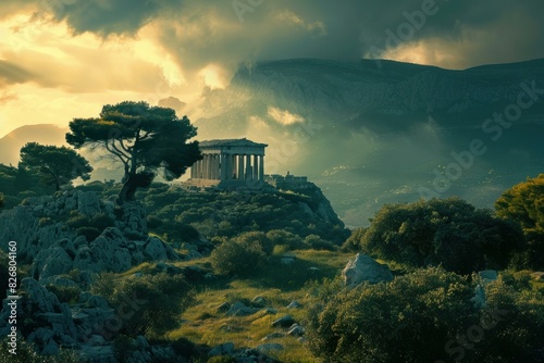 Stunning sunset view of an ancient greek temple amidst a scenic landscape © ylivdesign