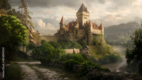 Majestic Medieval Castle Overlooking River with Lush Green Forest and Cobblestone Path photo