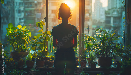 A woman finds peace amidst her plants, silhouetted against the city sunset. Generated by AI. photo