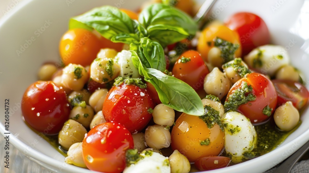 Mixture of mozzarella chickpeas cherry tomatoes pesto sauce and basil served in a white bowl