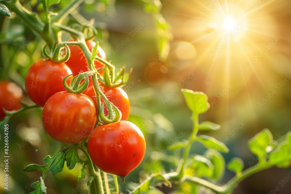 Tomatoes growing on a vine with sunlight shining through them
