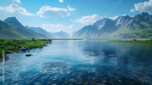 Fresh view of a river running through a mountain range with a clear blue sky