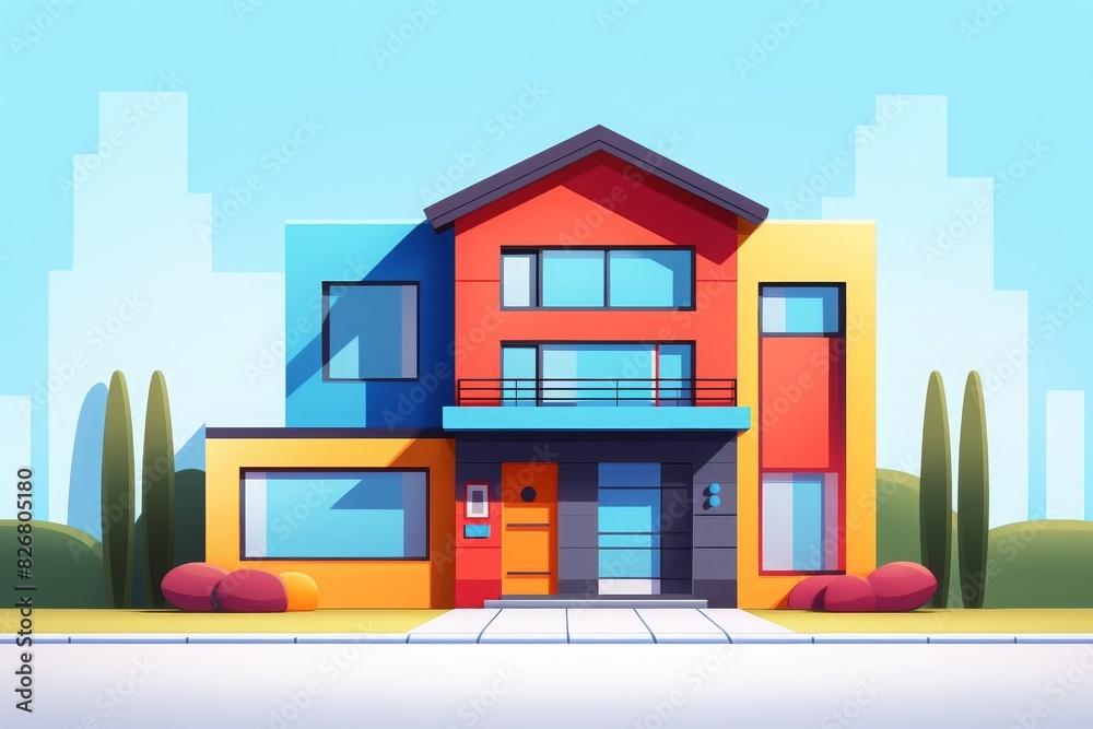 Modern colorful house exterior in urban setting with minimalist design, vibrant colors, and contemporary architecture.