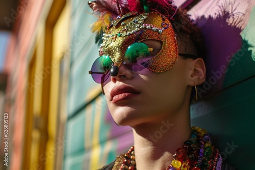 Non-Binary Person in Mardi Gras Mask and Colorfull Sunnglasses photo
