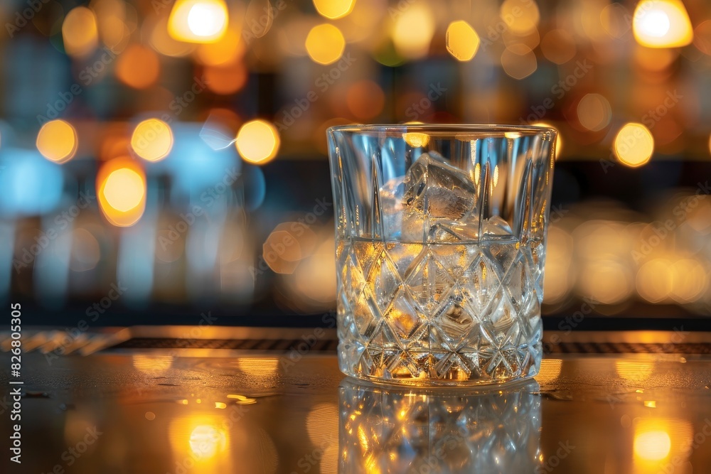 Gorgeous view of transparent old-fashioned glass with ice cubes standing on bar counter on blurred background - generative ai Gorgeous view of transparent old-fashioned glass with ice cubes standing on bar counter on blurred background - generative ai