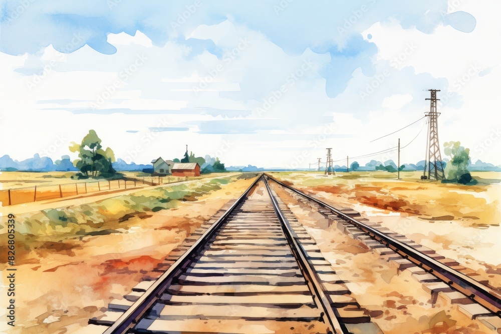 Naklejka premium Vivid watercolor railroad tracks stretching into horizon rural landscape power poles under bright sky.