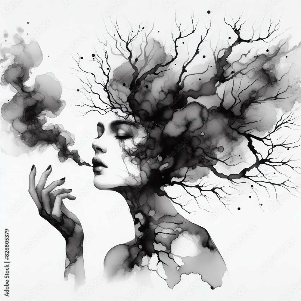 Fototapeta premium Otherworldly Ink Adventures: Surreal Encounters with the Manique Woman