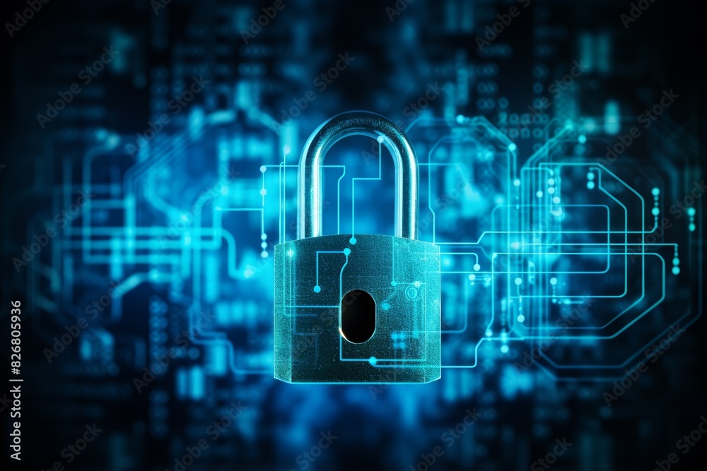 Secure digital lock, glowing padlock icon, binary code background, blue tones, close-up Secure digital lock, glowing padlock icon, binary code background, blue tones, close-up