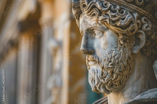 Close up profile of a majestic ancient statue with intricate detail and ornate craftsmanship in stone and marble, showcasing the timeless elegance of roman and greek art