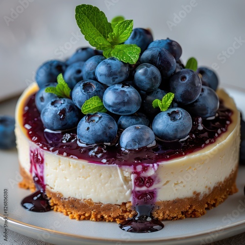 a decadent slice of a blueberry cheesecake, oozing with a thick layer of cheese cake along its thickly fine crust garnished with a generous amount of blueberries on top photo