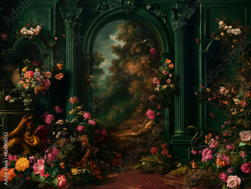 Surreal art fantasy scene secret mysterious garden of flowers and plants, peonies, tulips, roses, orchids, fruits, mushrooms. Baroque, renaissance style, rich colors, dramatic lighting, oil painting
