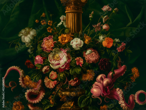 Surreal art fantasy scene secret mysterious garden of flowers and plants, peonies, tulips, roses, orchids, fruits, mushrooms. Baroque, renaissance style, rich colors, dramatic lighting, oil painting