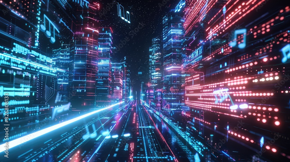 Fototapeta premium Glowing digital notes in cybernetic space